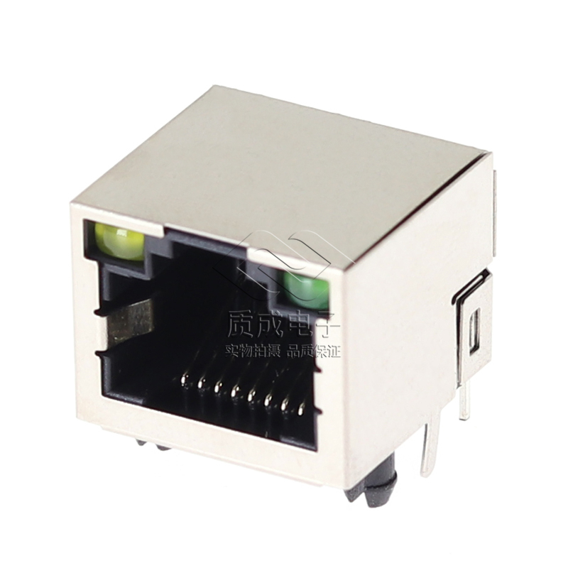 RJ45网口母座插座水连接器带壳带灯左黄右绿铜壳带屏蔽网线耐高温